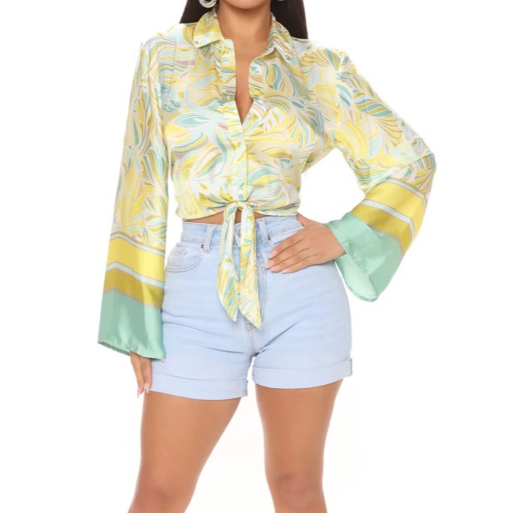 Timing Stitch Fix Yellow Green Crop Bell Sleeve Satin Tie Front Island Tie Front
